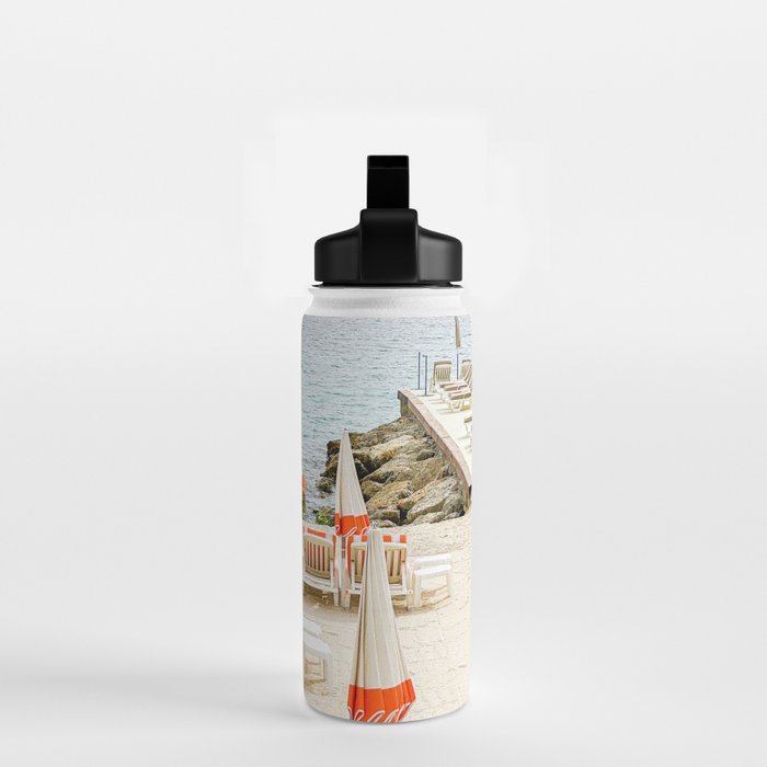 Southern France Beach Photography, Retro Beach Umbrellas, Monaco Beach Pastel Photography, Cote d'Azur France, French Riviera Print Water Bottle Gallery Image 2