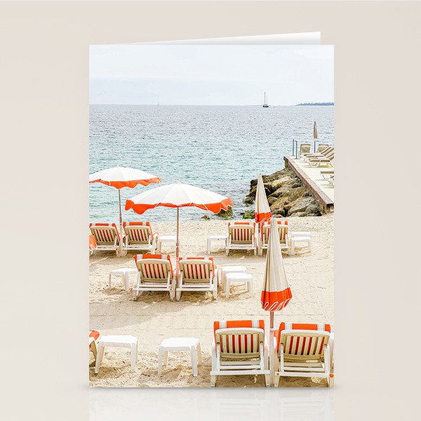Southern France Beach Photography, Retro Beach Umbrellas, Monaco Beach Pastel Photography, Cote d'Azur France, French Riviera Print Stationery Card Gallery Image 1
