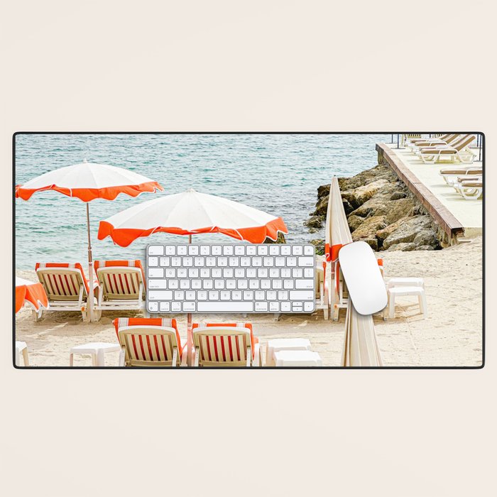 Southern France Beach Photography, Retro Beach Umbrellas, Monaco Beach Pastel Photography, Cote d'Azur France, French Riviera Print Desk Mat Gallery Image 1