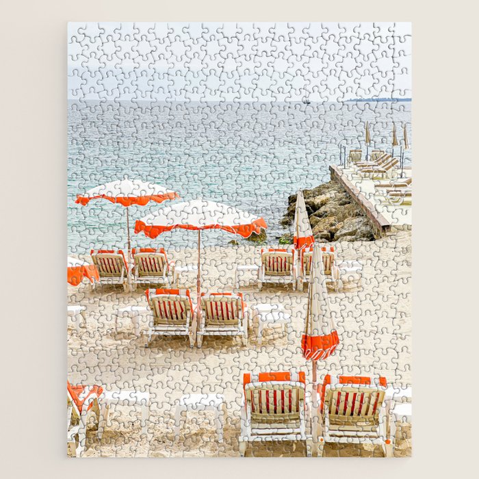 Southern France Beach Photography, Retro Beach Umbrellas, Monaco Beach Pastel Photography, Cote d'Azur France, French Riviera Print Jigsaw Puzzle Gallery Image 1