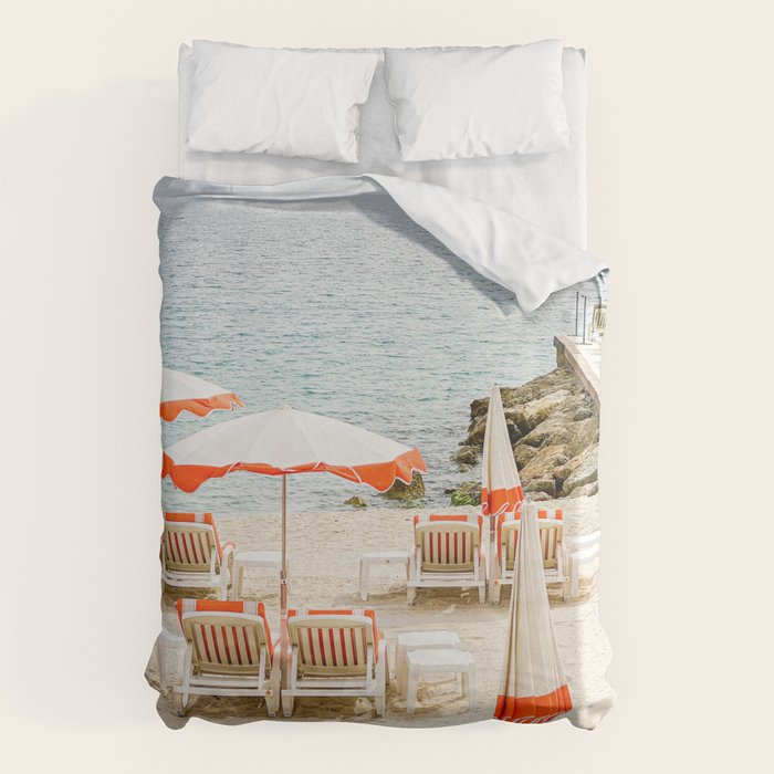 Southern France Beach Photography, Retro Beach Umbrellas, Monaco Beach Pastel Photography, Cote d'Azur France, French Riviera Print Duvet Cover Gallery Image 6