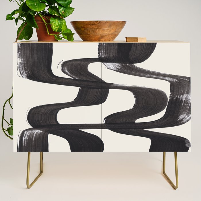 Mid Century Modern Minimalist Abstract Art Brush Strokes Black & White Ink Art Ripple Lines Credenza Gallery Image 1