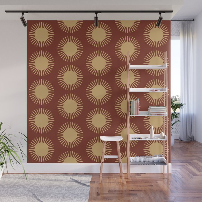 Boho Summer Sun Pattern III Brick Red Wall Mural Gallery Image 1