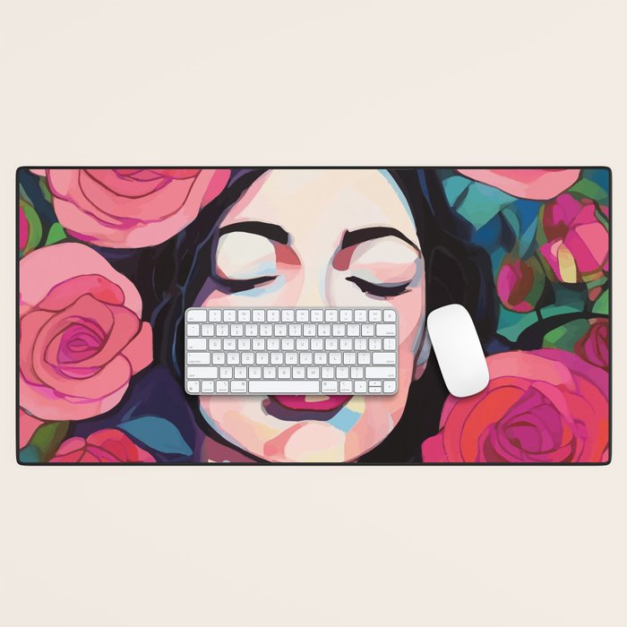 Roses Bloom Every Time I Think of You, Flowers Floral Woman Face, Feminine Chic Pink Nature Fashion Beauty, Vintage Female Eclectic Bohemian Painting  Desk Mat Gallery Image 1