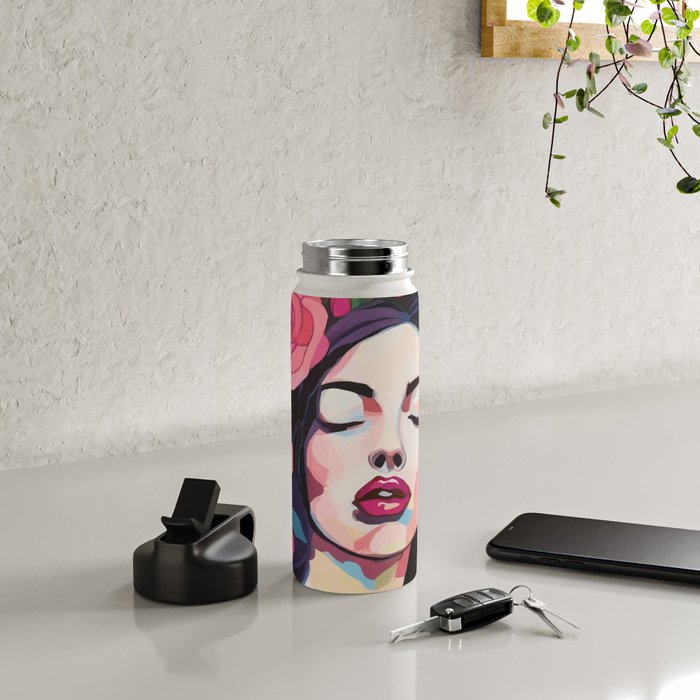 Roses Bloom Every Time I Think of You, Flowers Floral Woman Face, Feminine Chic Pink Nature Fashion Beauty, Vintage Female Eclectic Bohemian Painting  Water Bottle Gallery Image 4