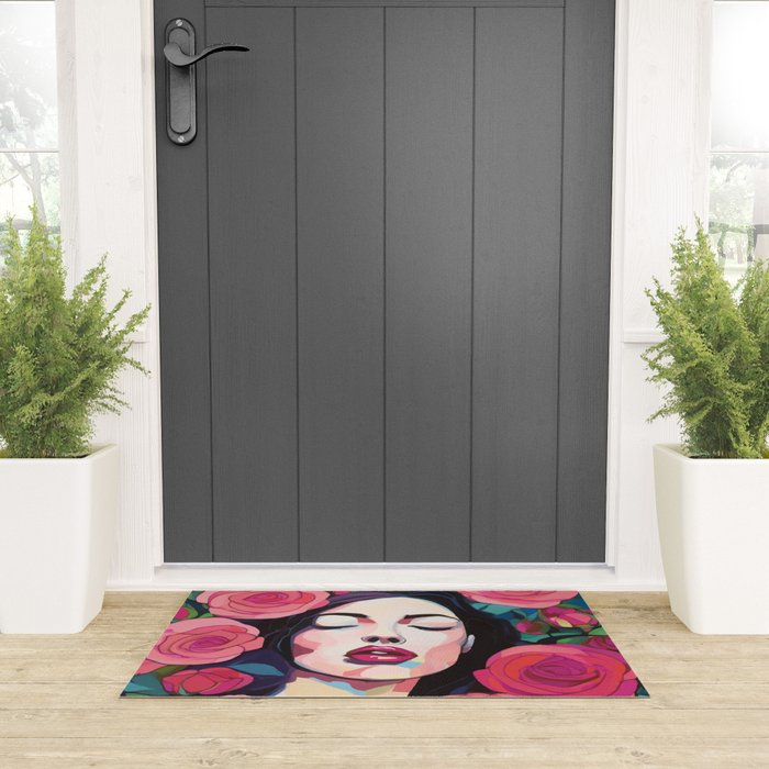 Roses Bloom Every Time I Think of You, Flowers Floral Woman Face, Feminine Chic Pink Nature Fashion Beauty, Vintage Female Eclectic Bohemian Painting  Welcome Mat Gallery Image 3
