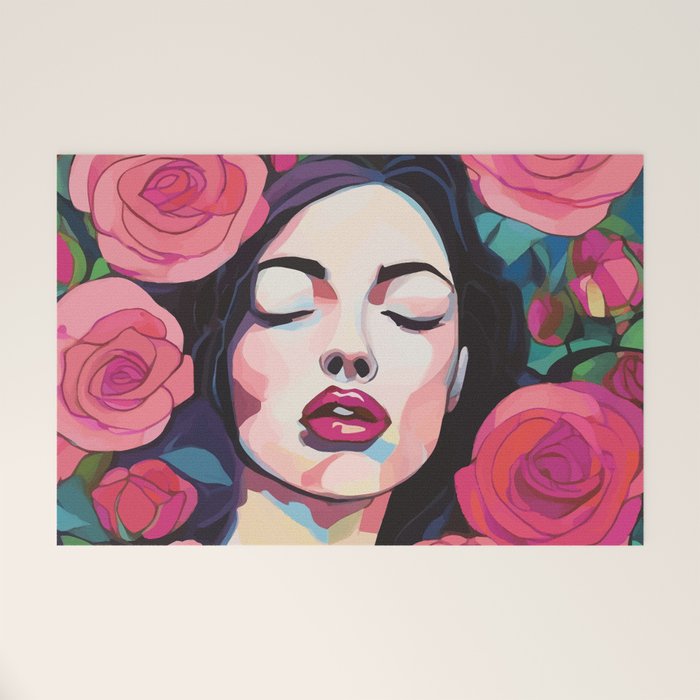 Roses Bloom Every Time I Think of You, Flowers Floral Woman Face, Feminine Chic Pink Nature Fashion Beauty, Vintage Female Eclectic Bohemian Painting  Welcome Mat Gallery Image 1