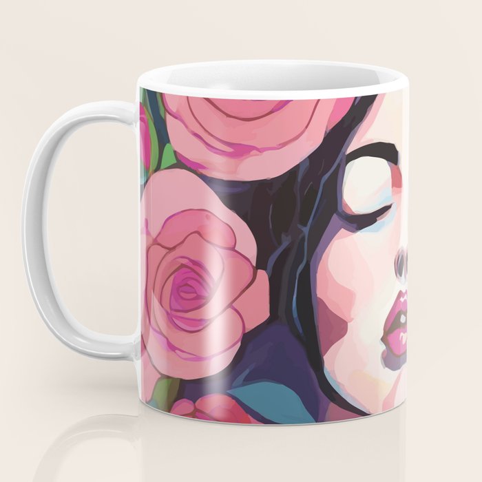 Roses Bloom Every Time I Think of You, Flowers Floral Woman Face, Feminine Chic Pink Nature Fashion Beauty, Vintage Female Eclectic Bohemian Painting  Coffee Mug Gallery Image 3