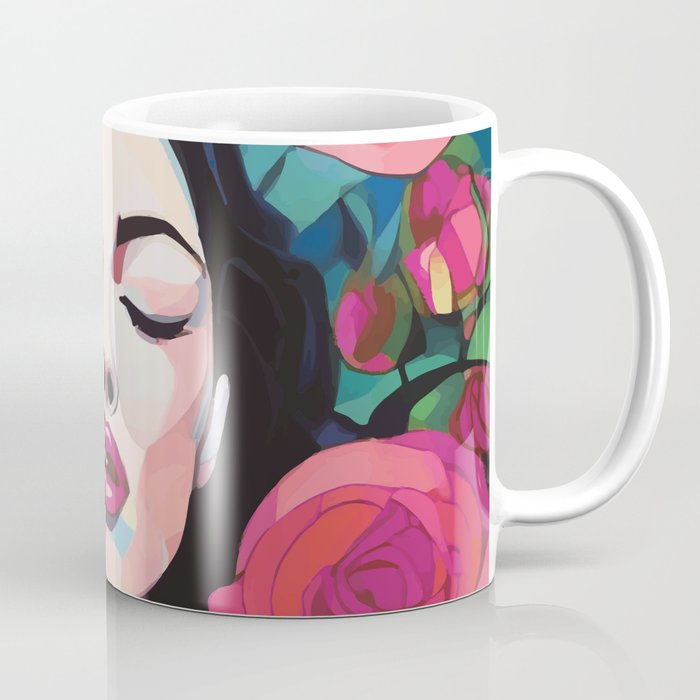 Roses Bloom Every Time I Think of You, Flowers Floral Woman Face, Feminine Chic Pink Nature Fashion Beauty, Vintage Female Eclectic Bohemian Painting  Coffee Mug Gallery Image 1