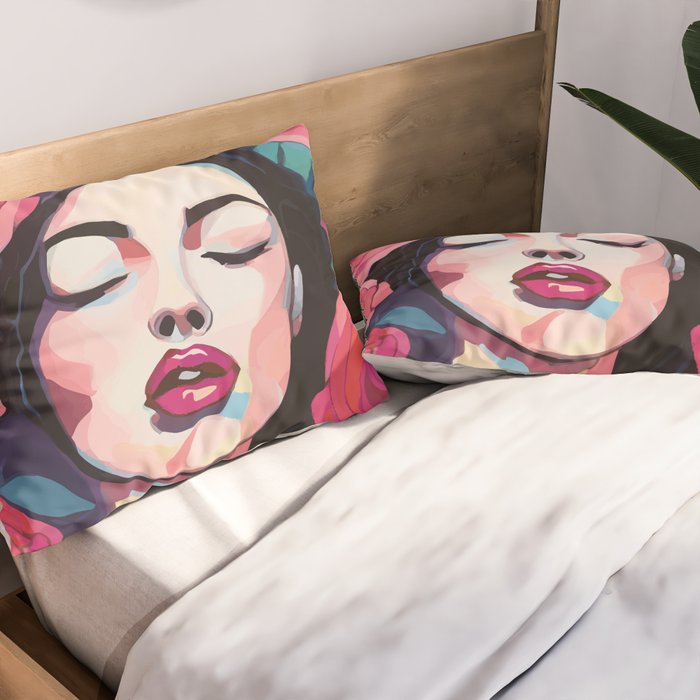 Roses Bloom Every Time I Think of You, Flowers Floral Woman Face, Feminine Chic Pink Nature Fashion Beauty, Vintage Female Eclectic Bohemian Painting  Pillow Sham Gallery Image 2