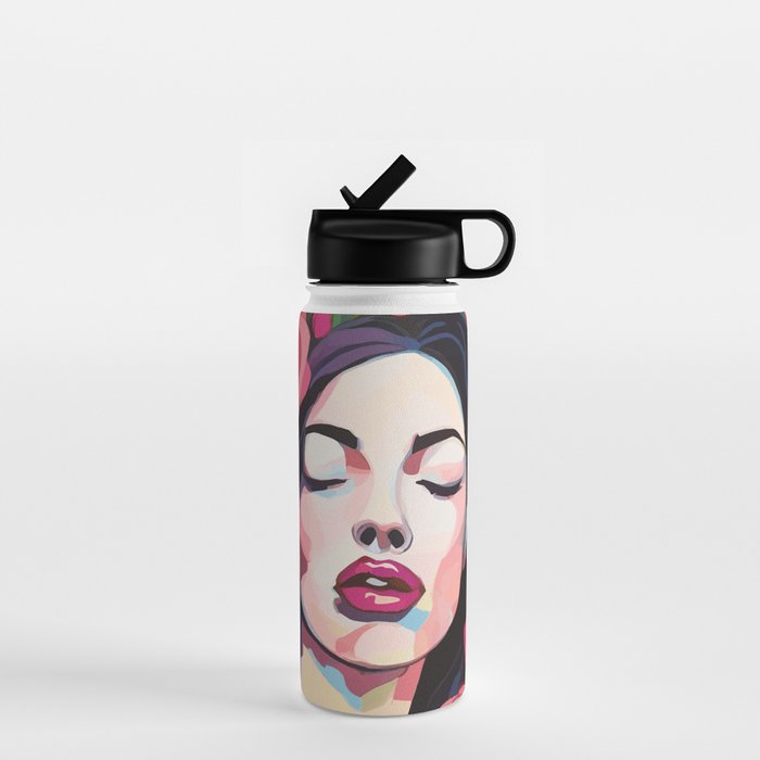 Roses Bloom Every Time I Think of You, Flowers Floral Woman Face, Feminine Chic Pink Nature Fashion Beauty, Vintage Female Eclectic Bohemian Painting  Water Bottle Gallery Image 1