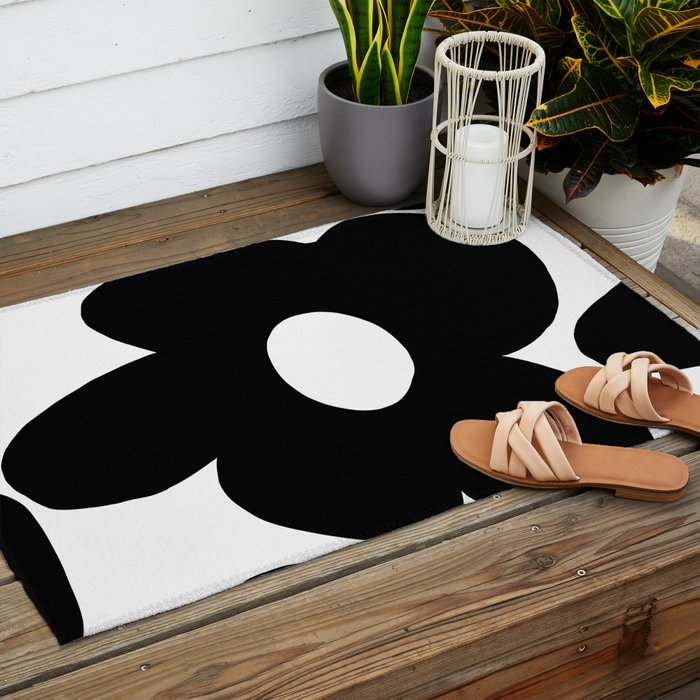 One Large Black Retro Flower White Background #decor #society6 #buyart Outdoor Rug Gallery Image 2