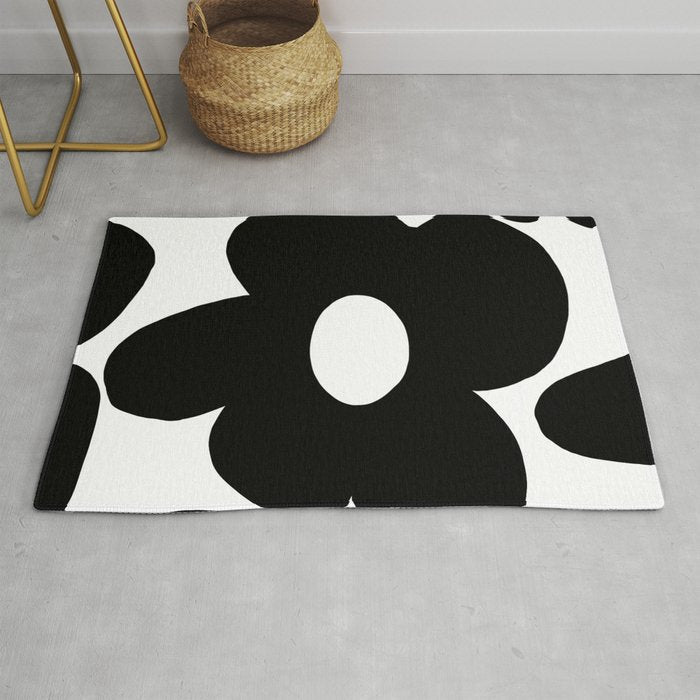 One Large Black Retro Flower White Background #decor #society6 #buyart Rug Gallery Image 1