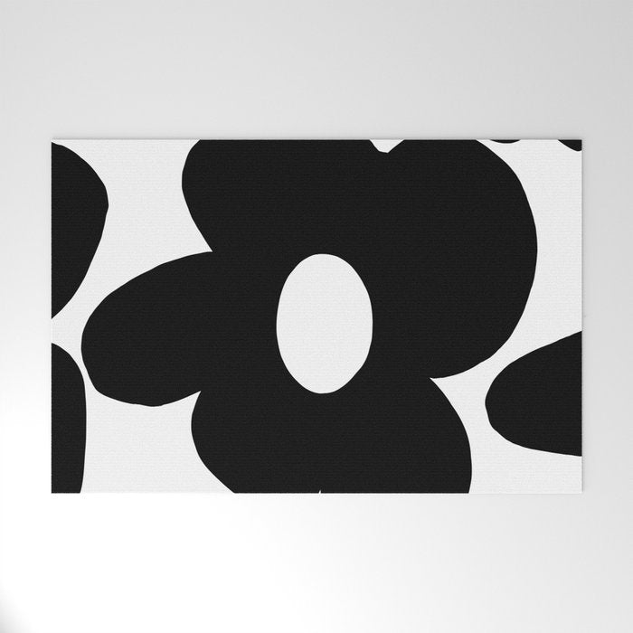 One Large Black Retro Flower White Background #decor #society6 #buyart Welcome Mat Gallery Image 1