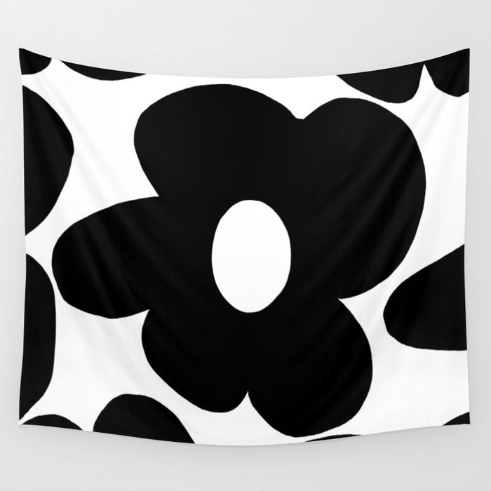 One Large Black Retro Flower White Background #decor #society6 #buyart Wall Tapestry Gallery Image 1