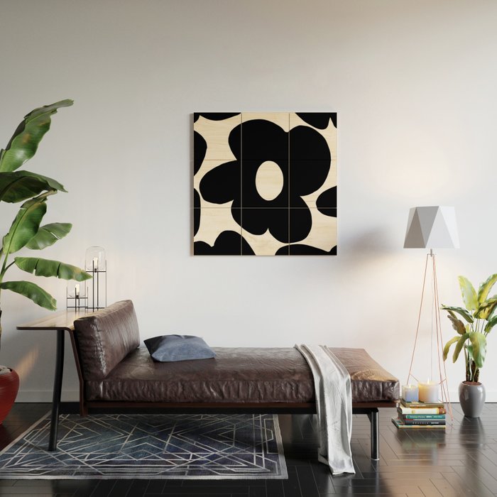 One Large Black Retro Flower White Background #decor #society6 #buyart Wood Wall Art Gallery Image 2