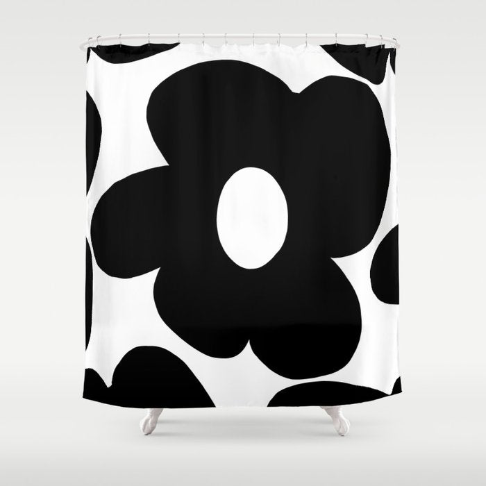 One Large Black Retro Flower White Background #decor #society6 #buyart Shower Curtain Gallery Image 1
