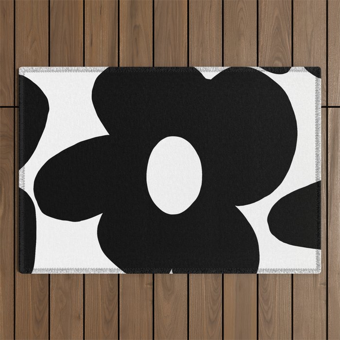 One Large Black Retro Flower White Background #decor #society6 #buyart Outdoor Rug Gallery Image 1