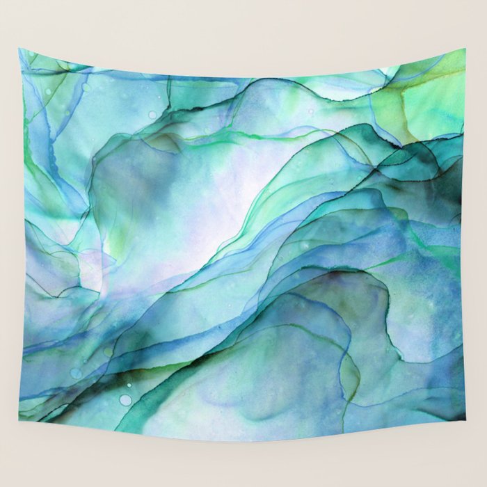 Aqua Turquoise Teal Abstract Ink Painting Wall Tapestry Gallery Image 4