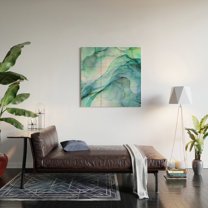 Aqua Turquoise Teal Abstract Ink Painting Wood Wall Art Gallery Image 2
