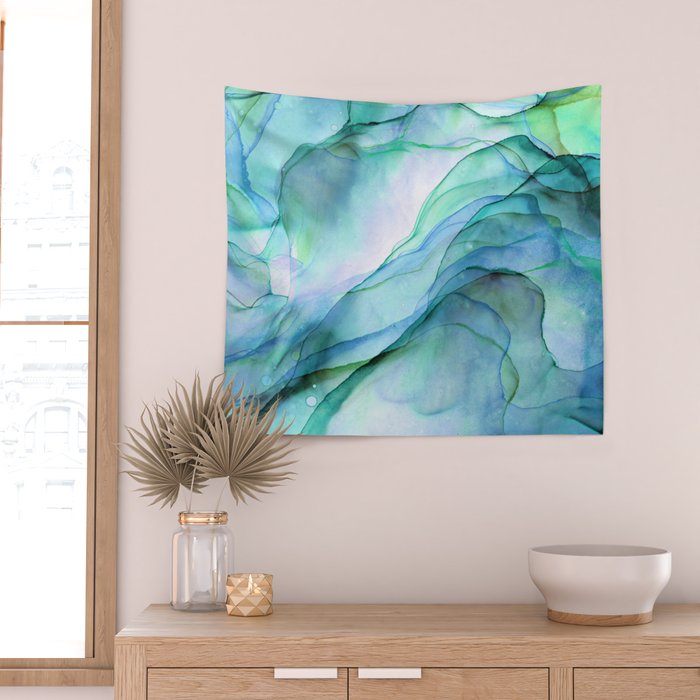 Aqua Turquoise Teal Abstract Ink Painting Wall Tapestry Gallery Image 2