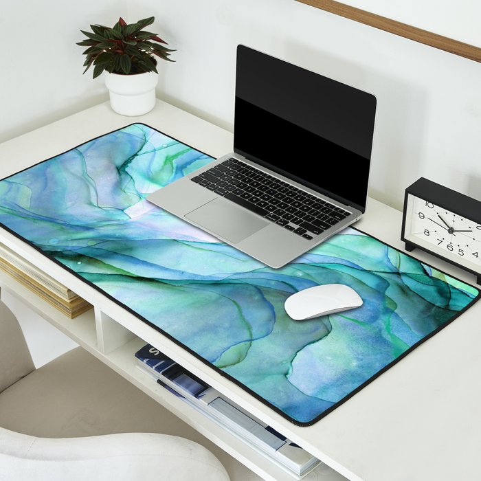 Aqua Turquoise Teal Abstract Ink Painting Desk Mat Gallery Image 2