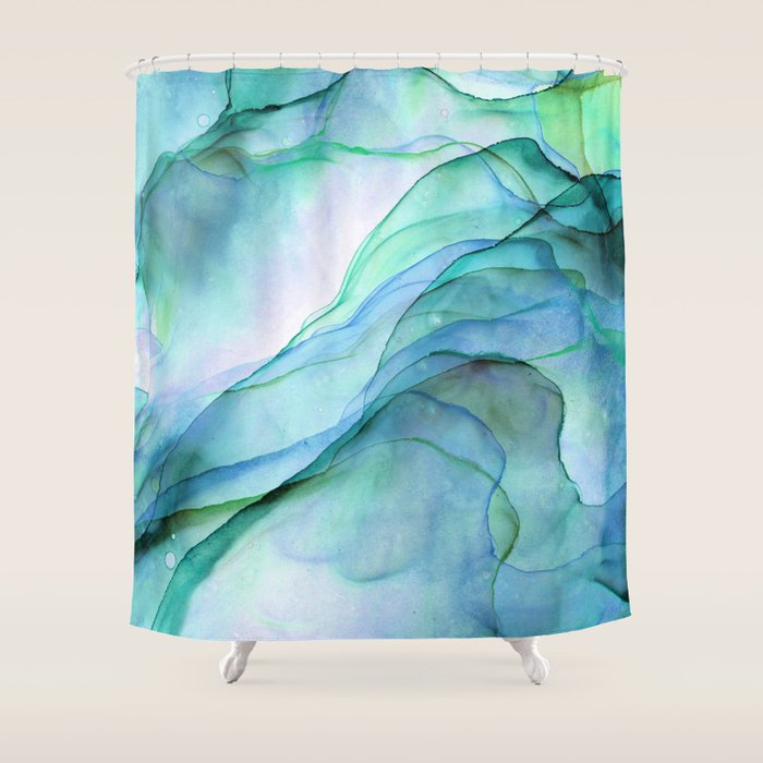 Aqua Turquoise Teal Abstract Ink Painting Shower Curtain Gallery Image 1