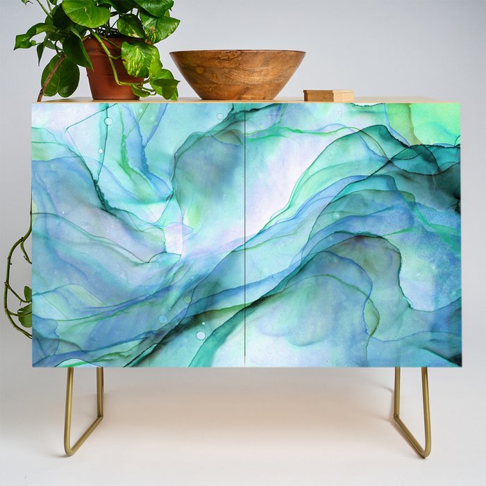 Aqua Turquoise Teal Abstract Ink Painting Credenza Gallery Image 1