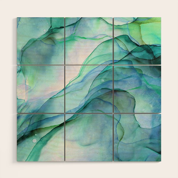 Aqua Turquoise Teal Abstract Ink Painting Wood Wall Art Gallery Image 1
