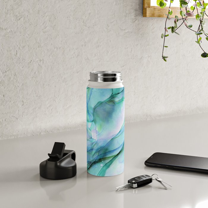 Aqua Turquoise Teal Abstract Ink Painting Water Bottle Gallery Image 4