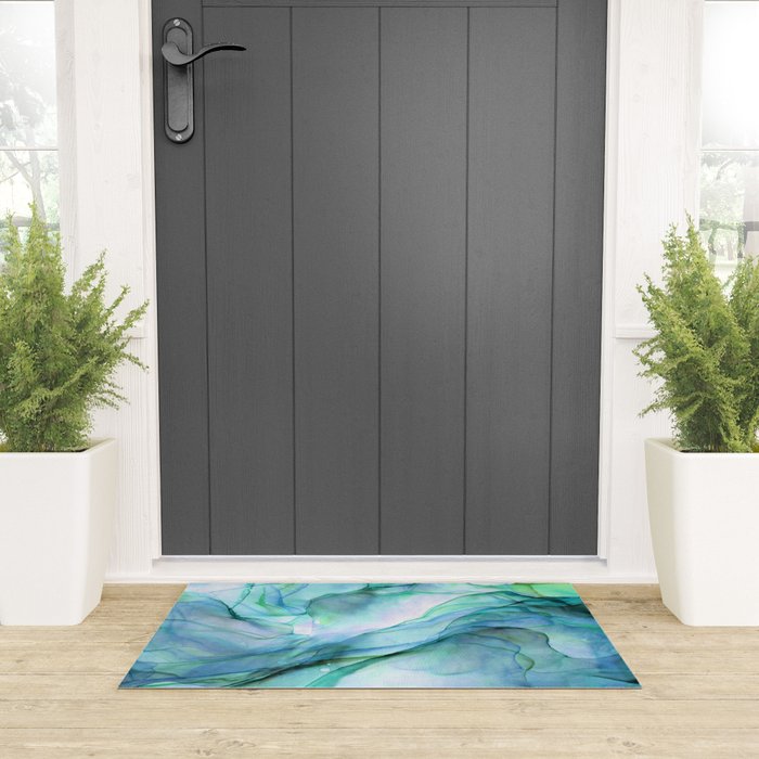Aqua Turquoise Teal Abstract Ink Painting Welcome Mat Gallery Image 3