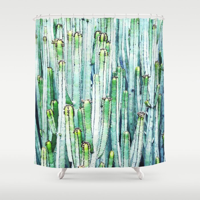 Lost Cactus, Watercolor Nature Painting, Botanical Neutral Illustration Minimal Drawing Jungle Shower Curtain Gallery Image 1