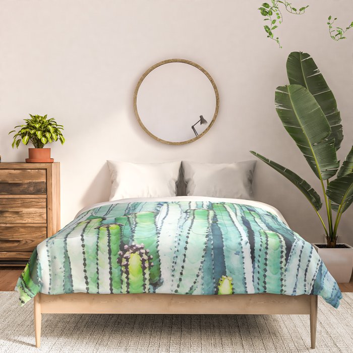 Lost Cactus, Watercolor Nature Painting, Botanical Neutral Illustration Minimal Drawing Jungle Comforter Gallery Image 3
