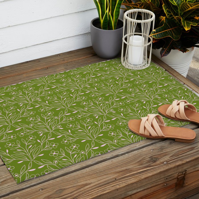 Playful Doodled Blooms Pattern - Green Outdoor Rug Gallery Image 2