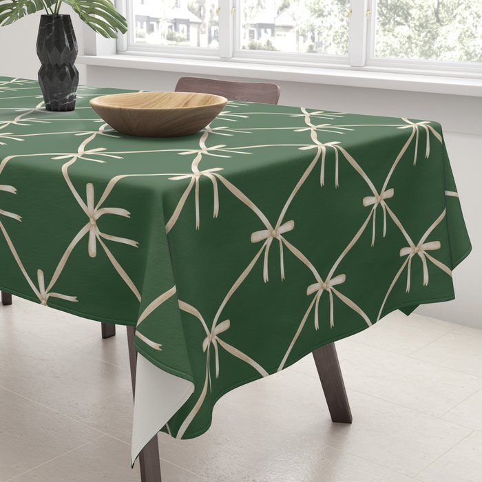 Bows & Ribbons Pattern XXV Dark Forest Green Tablecloth Gallery Image 3
