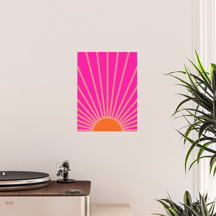 Sun Print Sunrise Hot Pink And Orange Sunshine Retro Sun Wall Art Vintage Boho Abstract Modern Decor Poster Gallery Image 2