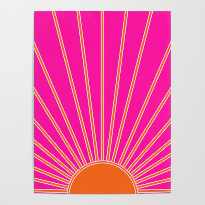 Sun Print Sunrise Hot Pink And Orange Sunshine Retro Sun Wall Art Vintage Boho Abstract Modern Decor Poster Gallery Image 4