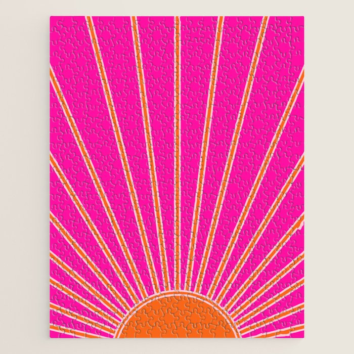Sun Print Sunrise Hot Pink And Orange Sunshine Retro Sun Wall Art Vintage Boho Abstract Modern Decor Jigsaw Puzzle Gallery Image 1