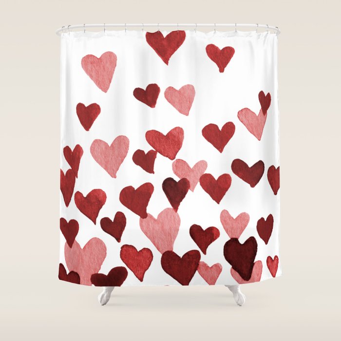 Valentine's Day Watercolor Hearts - red Shower Curtain Gallery Image 1