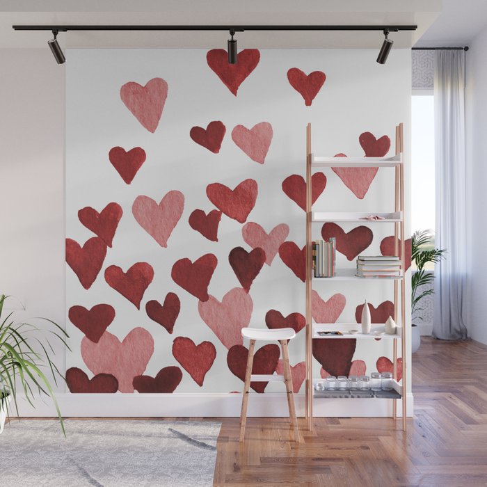 Valentine's Day Watercolor Hearts - red Wall Mural Gallery Image 1
