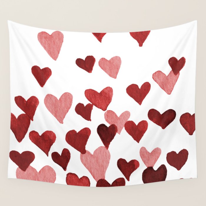 Valentine's Day Watercolor Hearts - red Wall Tapestry Gallery Image 1