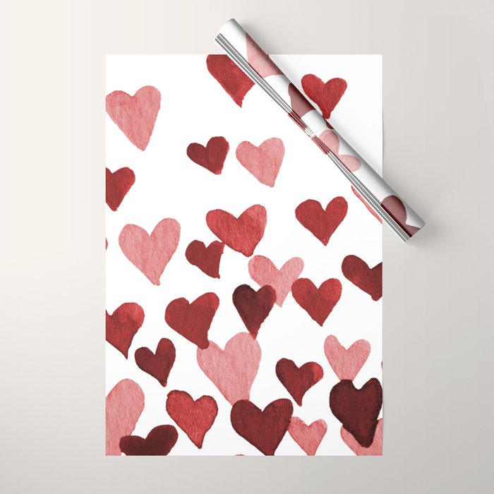 Valentine's Day Watercolor Hearts - red Wrapping Paper