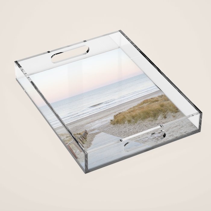 Beach Walk At Sunrise Photo | Dutch Coast Travel Photography Art Print | Egmond Aan Zee Holland In Pastel Colors Acrylic Tray Gallery Image 1