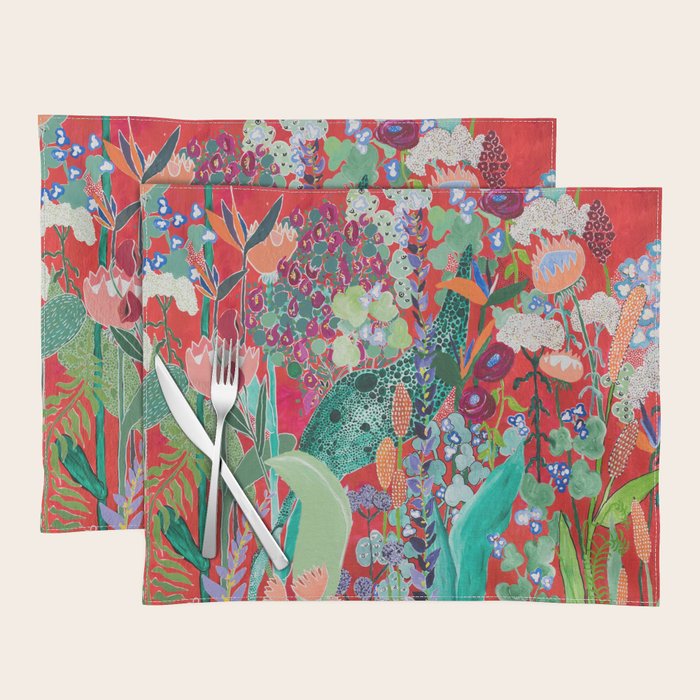 Red floral Jungle Garden Botanical featuring Proteas, Reeds, Eucalyptus, Ferns and Birds of Paradise Placemat Gallery Image 1