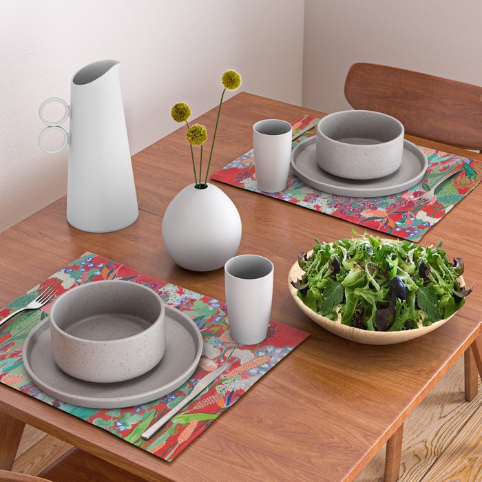 Red floral Jungle Garden Botanical featuring Proteas, Reeds, Eucalyptus, Ferns and Birds of Paradise Placemat Gallery Image 2
