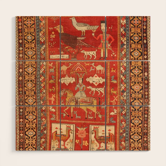 Kuba Hunting Rug With Birds Horses Camels Print Wood Wall Art Gallery Image 1