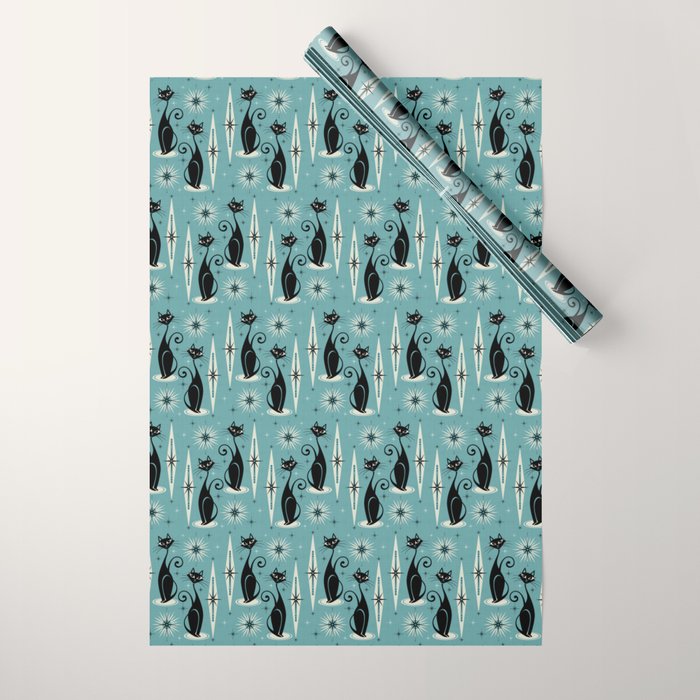 Mid Century Meow Retro Atomic Cats on Blue Wrapping Paper Gallery Image 1