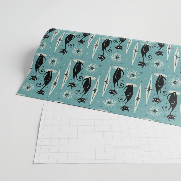 Mid Century Meow Retro Atomic Cats on Blue Wrapping Paper Gallery Image 2