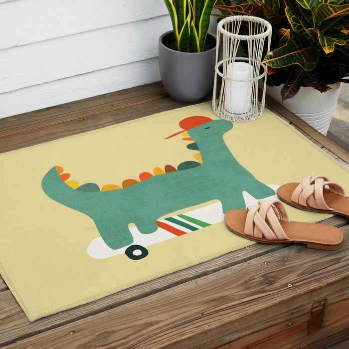Dinosaur on retro skateboard Outdoor Rug Gallery Image 2
