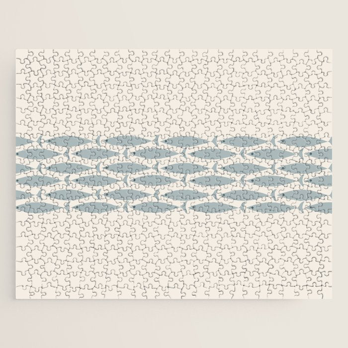 Fish Stripe 6 - Minimalist Ocean Pattern in Cream and Light Blue-Gray Jigsaw Puzzle Gallery Image 1